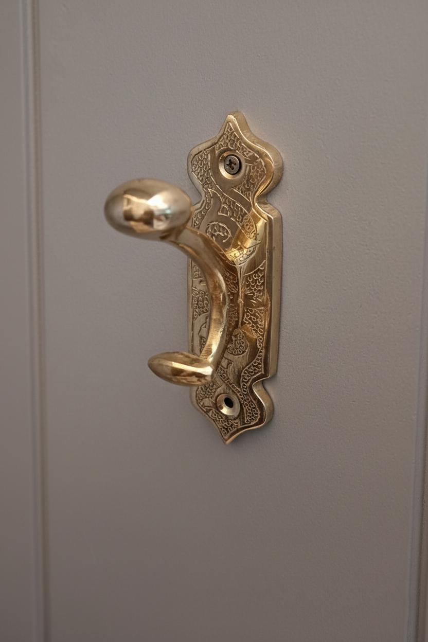 Decorative gold door handle on a gray door
