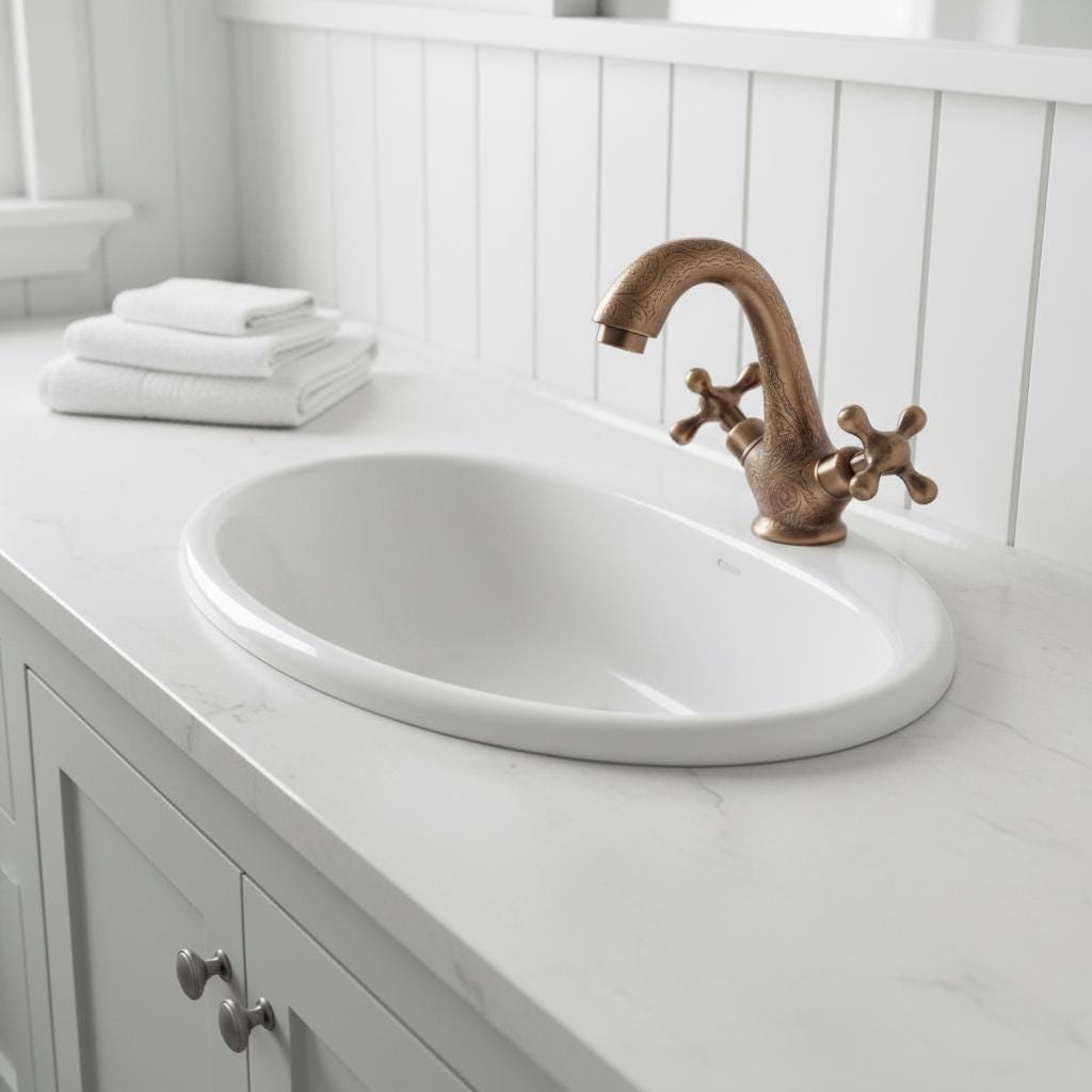 Bronze faucet being turned by a hand on a black countertop.