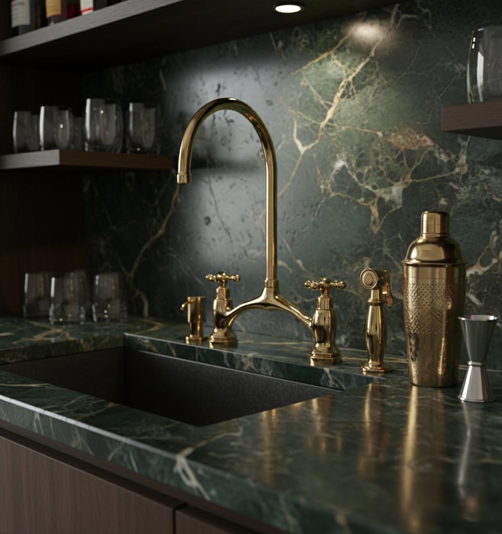 Kitchen sink area with gold faucet and marble backsplash