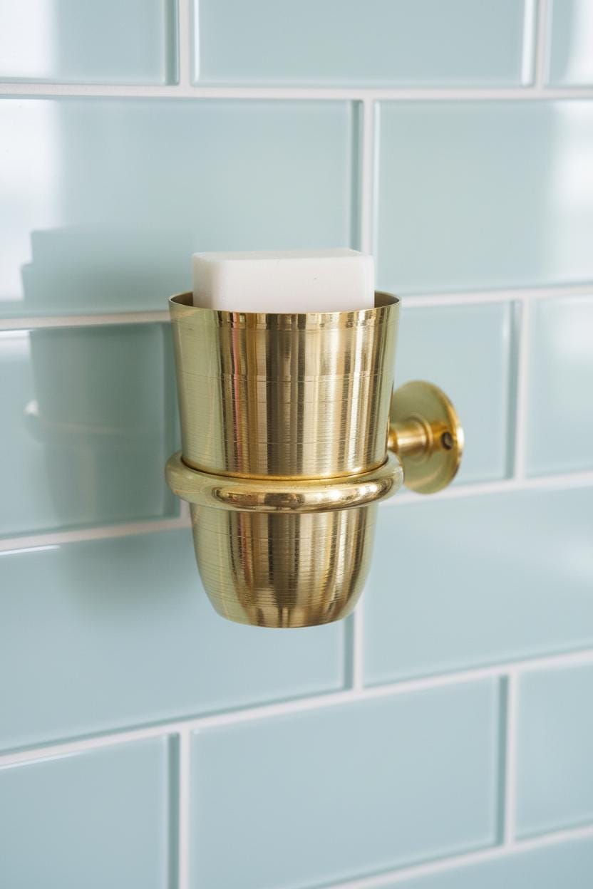 Brass wall-mounted soap holder with a bar of soap on a light blue tiled wall.
