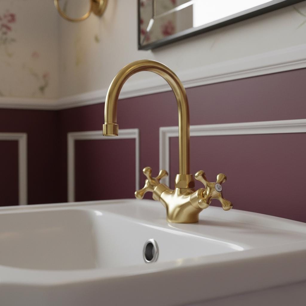 Gold faucet on a white sink with a decorative wall in the background