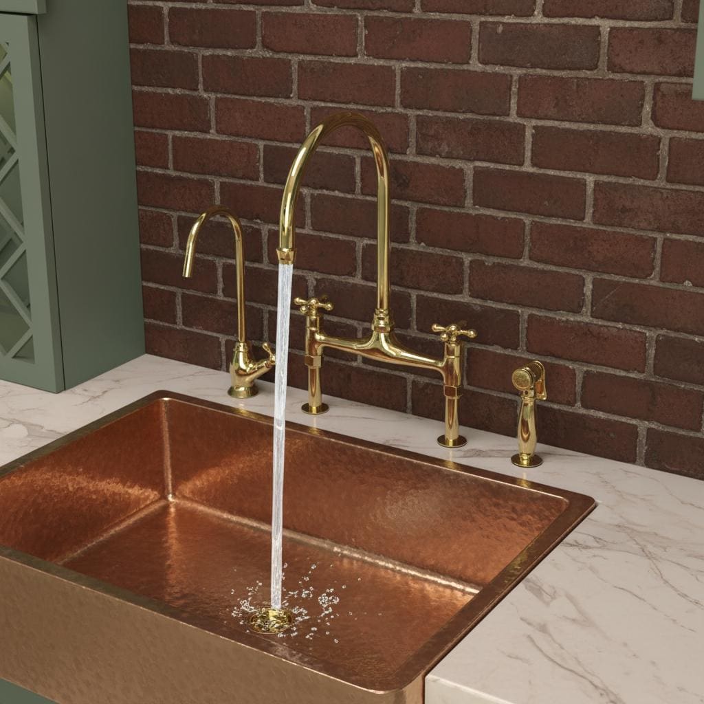 Copper sink with gold faucet against a brick wall