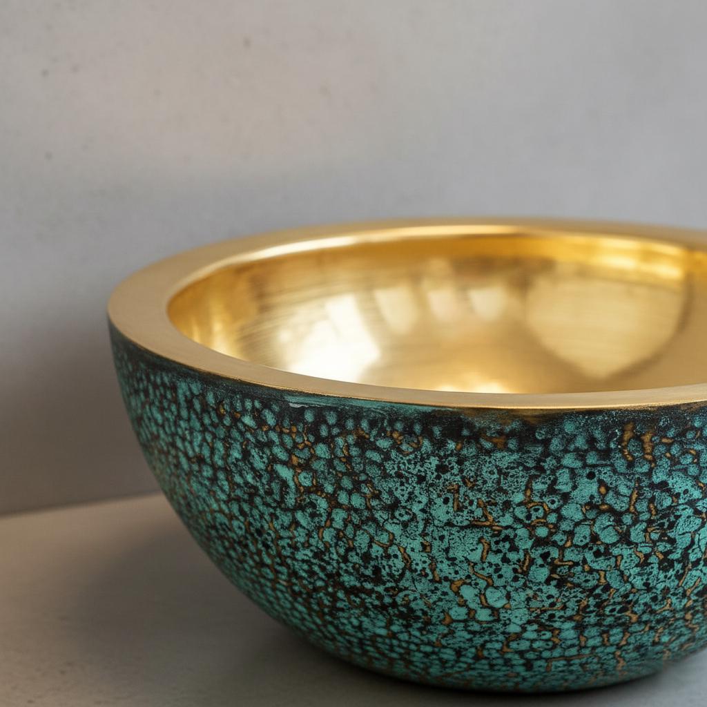 Decorative bowl with gold interior and textured turquoise exterior on a neutral background