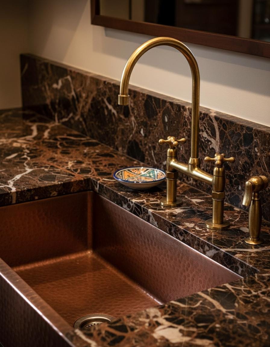 Copper kitchen sink with gold faucet on a marble countertop