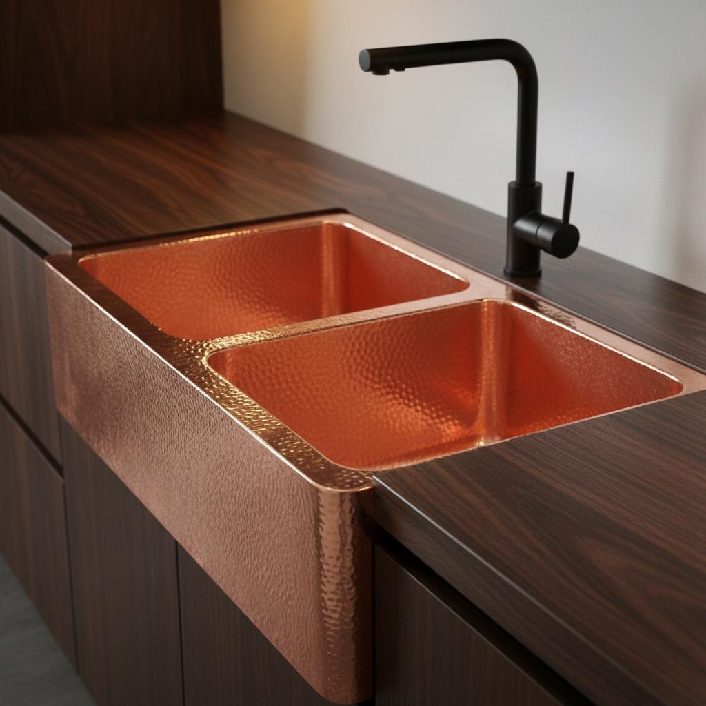 Copper kitchen sink with black faucet on a wooden countertop