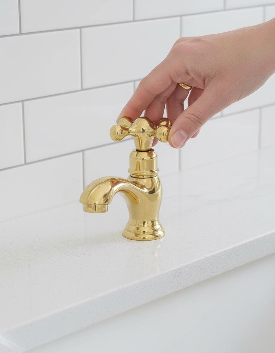 Gold faucet being turned by a hand against a white tiled wall.