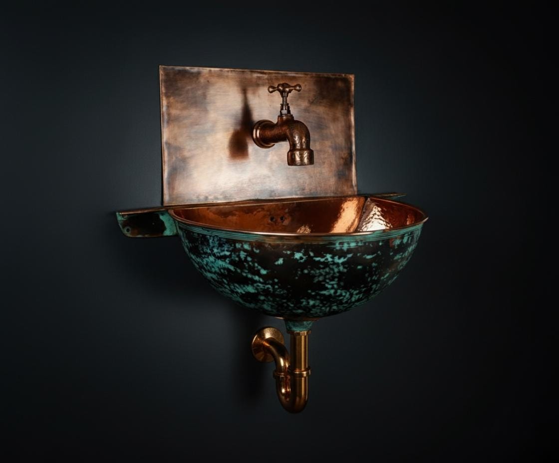 Vintage-style copper sink with faucet on a dark background
