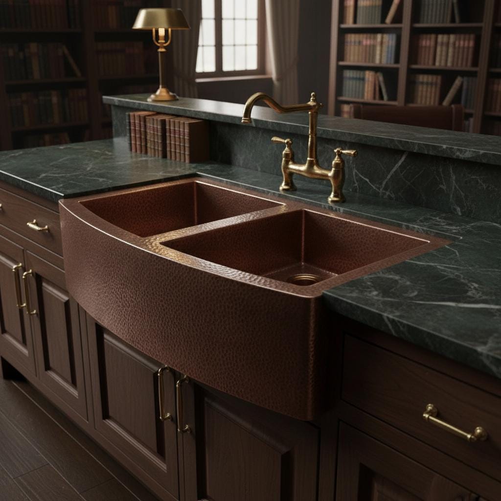 Copper farmhouse sink in a kitchen with gray cabinets and a window above.