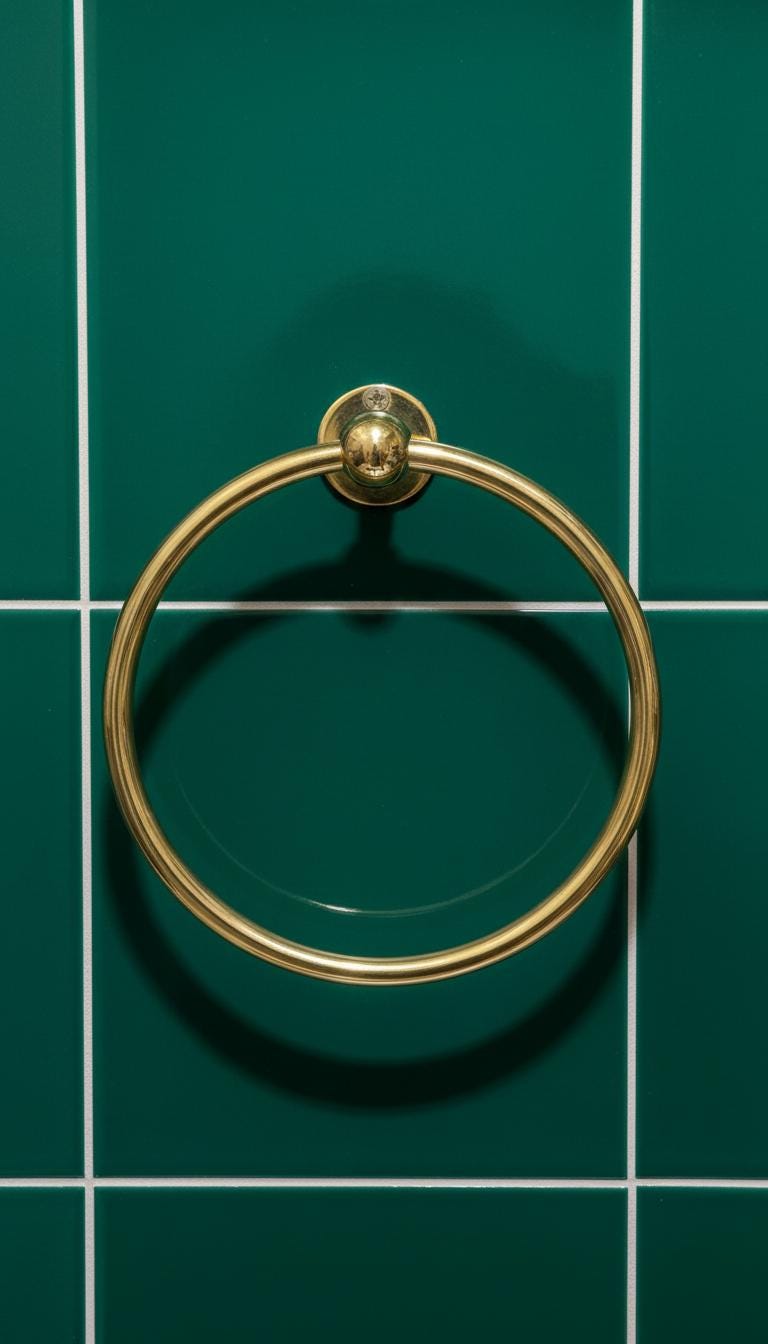 Gold towel ring on a green tiled wall