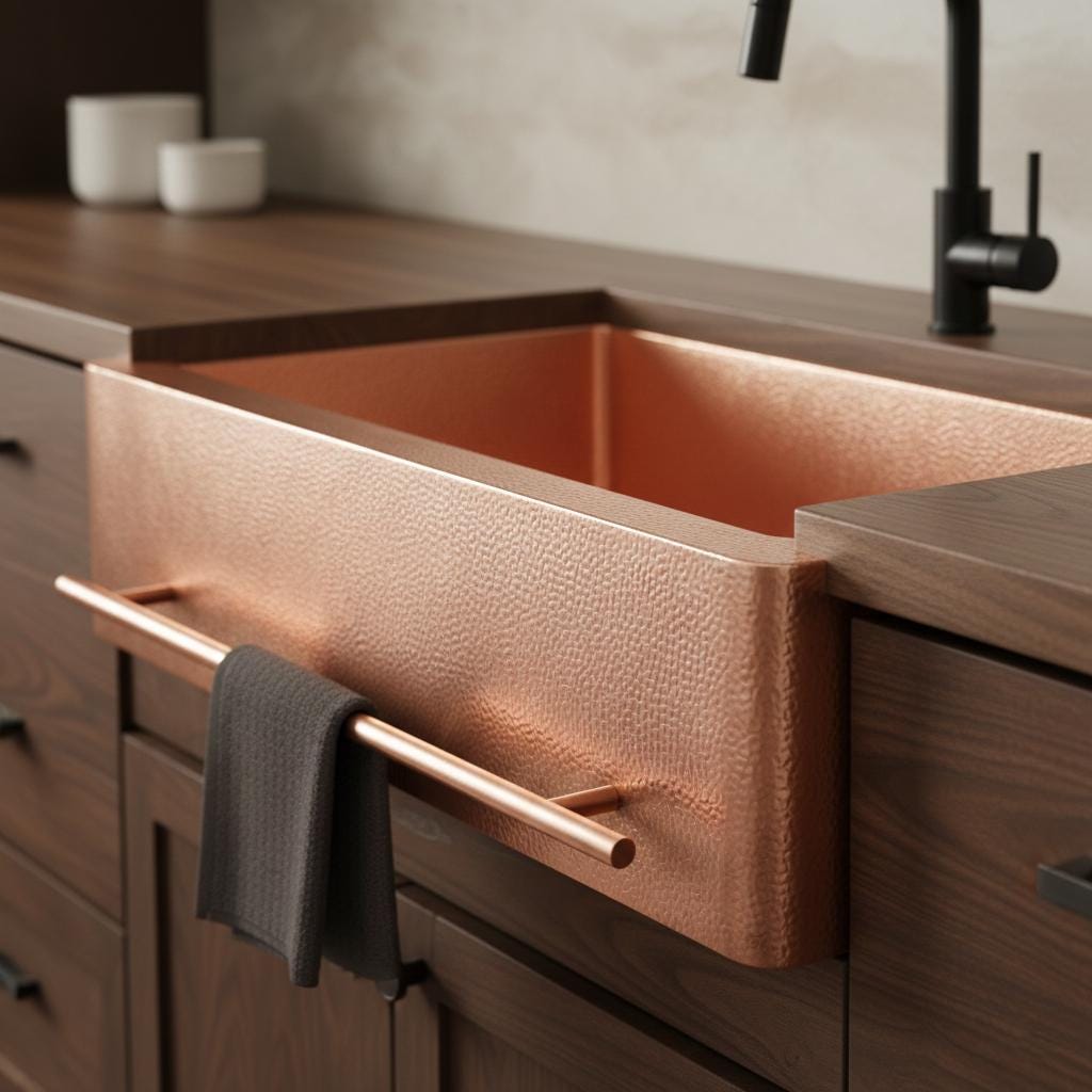 Copper farmhouse sink in a kitchen setting with wooden cabinets and a black faucet.