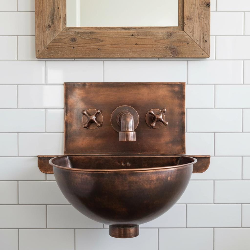 Copper wall-mounted sink with wooden frame mirror on white tiled wall