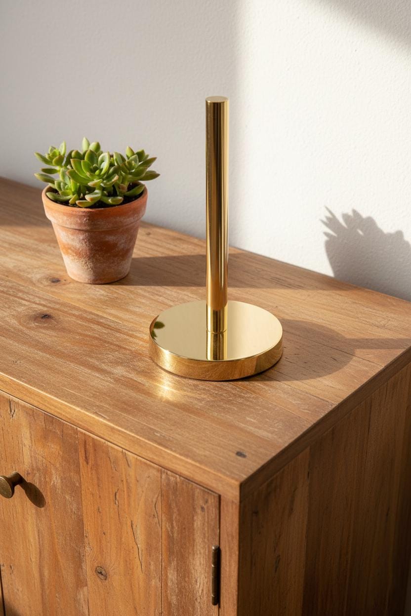 Gold lamp on a wooden surface with a potted plant in the background