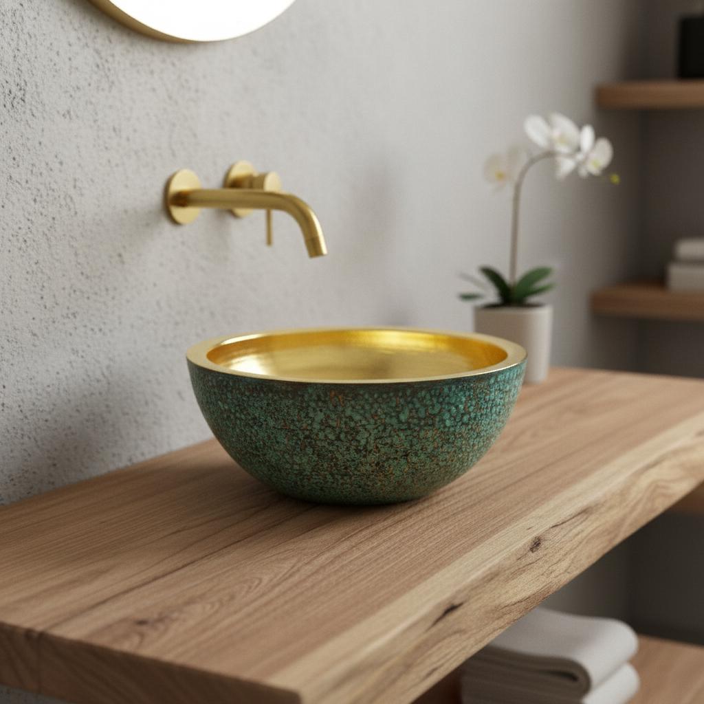 Gold-rimmed green ceramic sink on a wooden countertop with a blurred bathroom background.