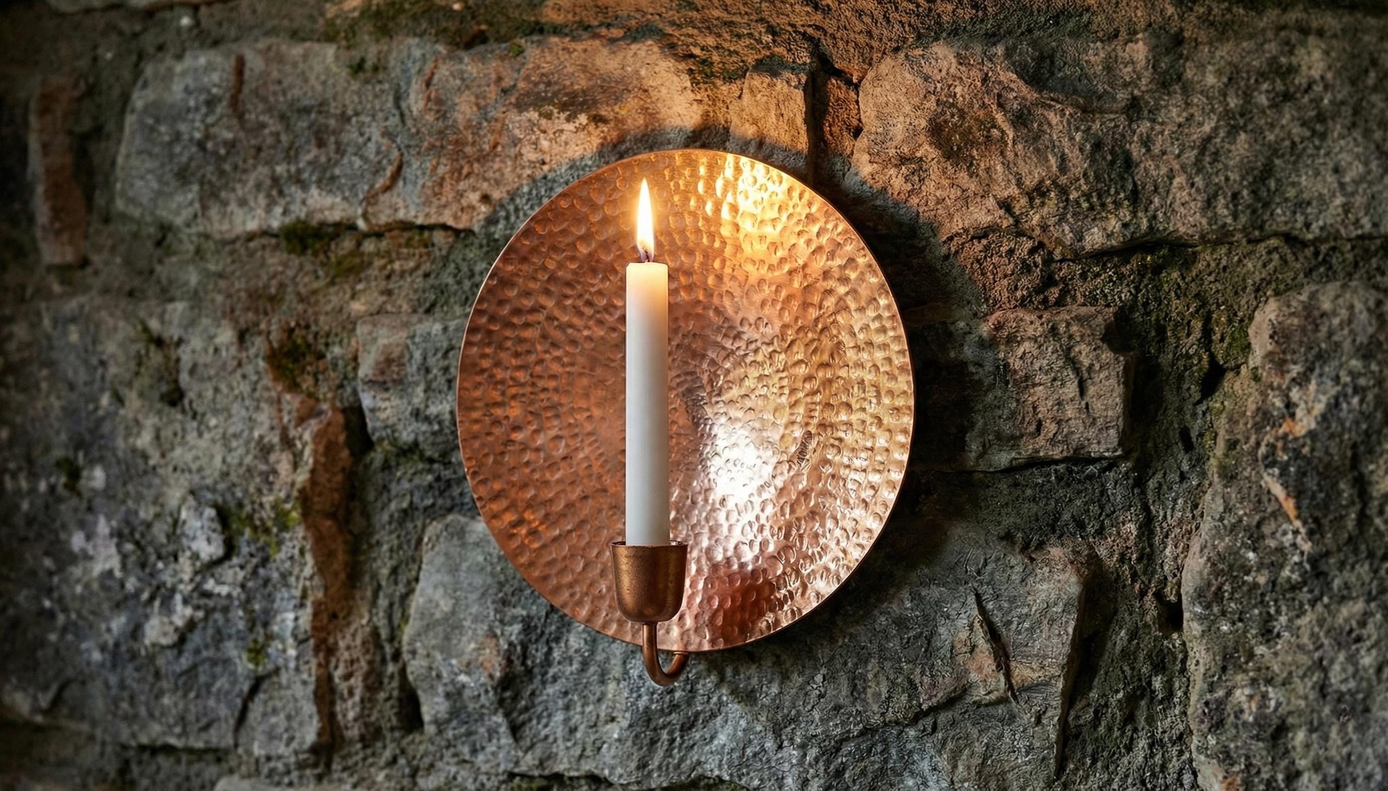 Copper wall sconce with a candle on a stone wall