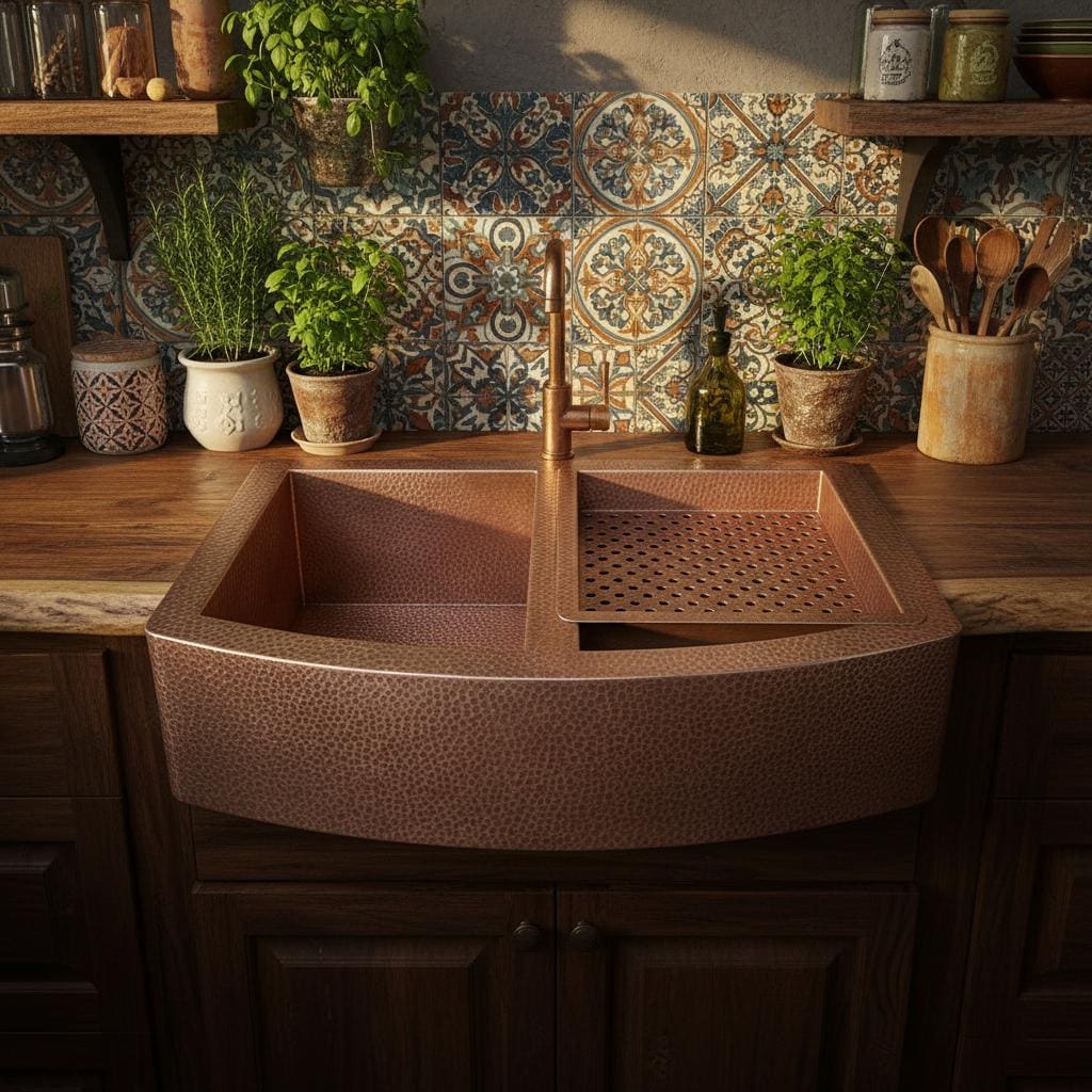 Copper kitchen sink with decorative tiles and plants in a rustic kitchen setting