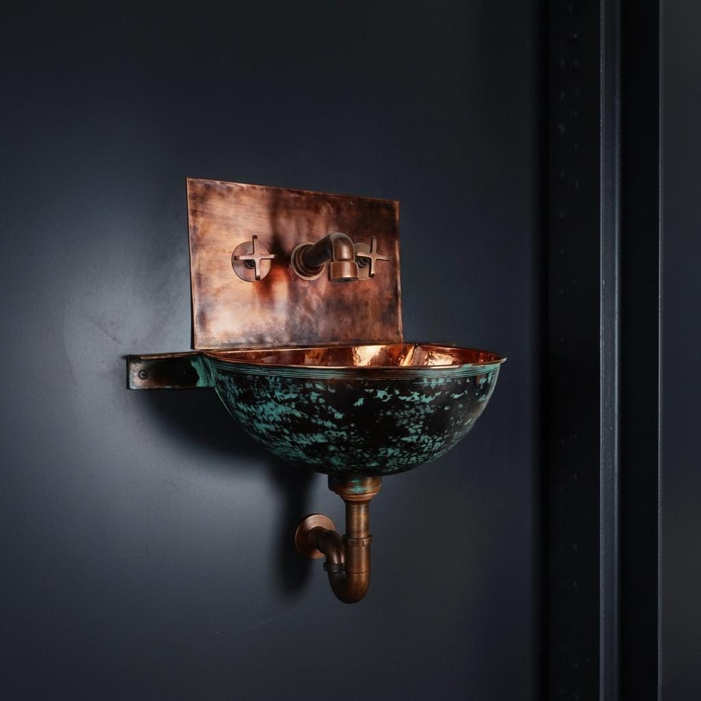 Wall-mounted copper sink with faucet against a dark background