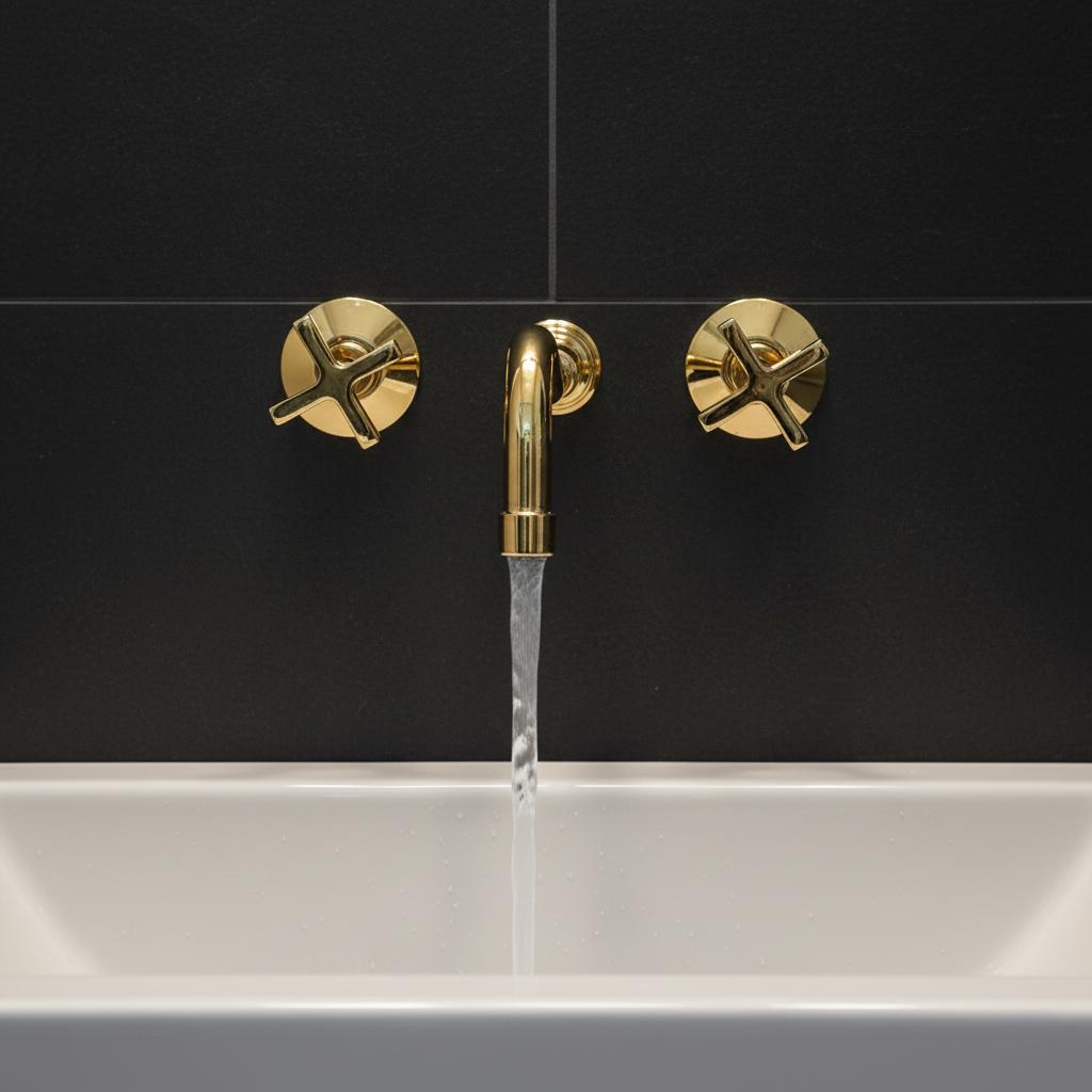 Bathroom sink with gold faucet against a blue paneled wall