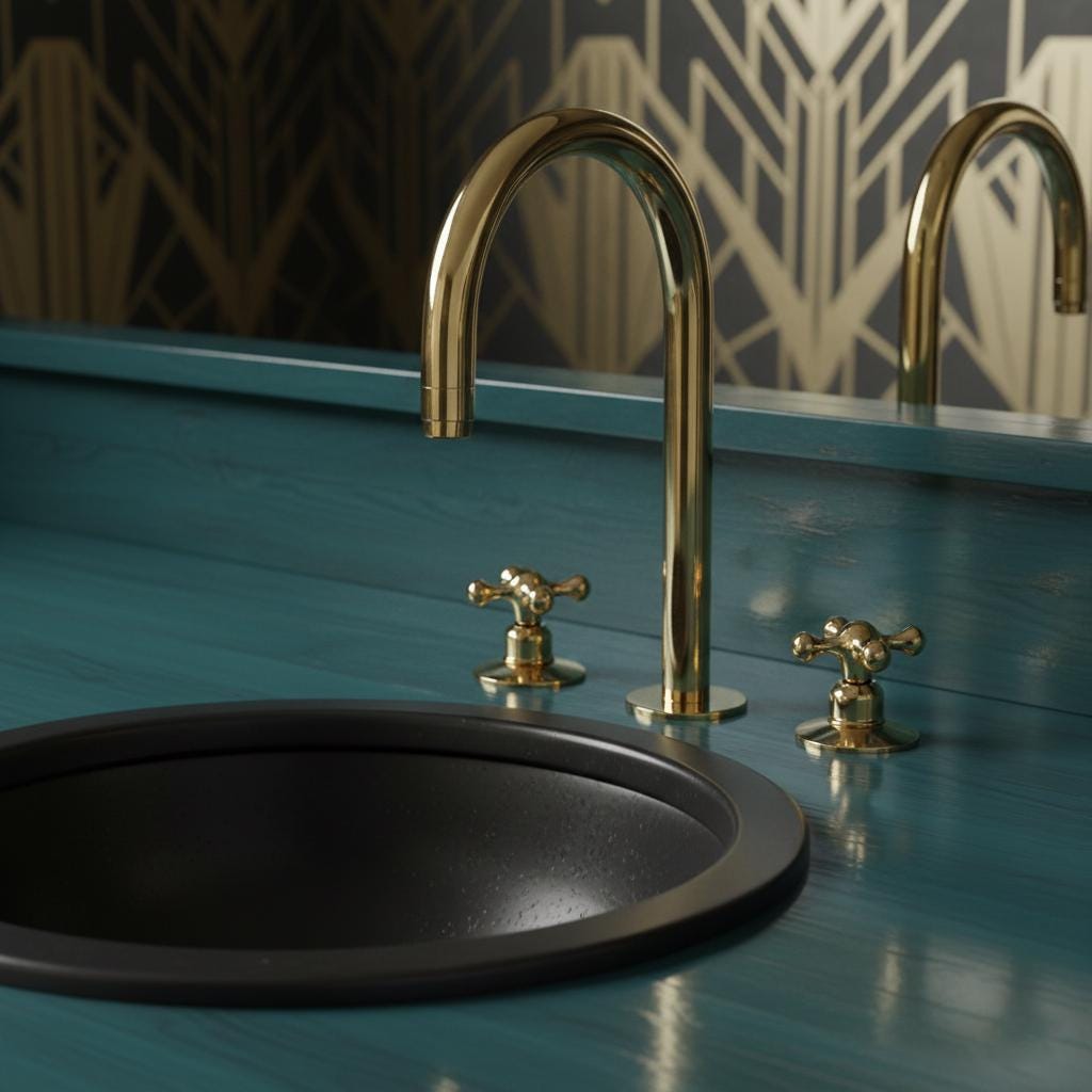 Gold faucet and handles on a black sink against a blue wall with geometric patterns.