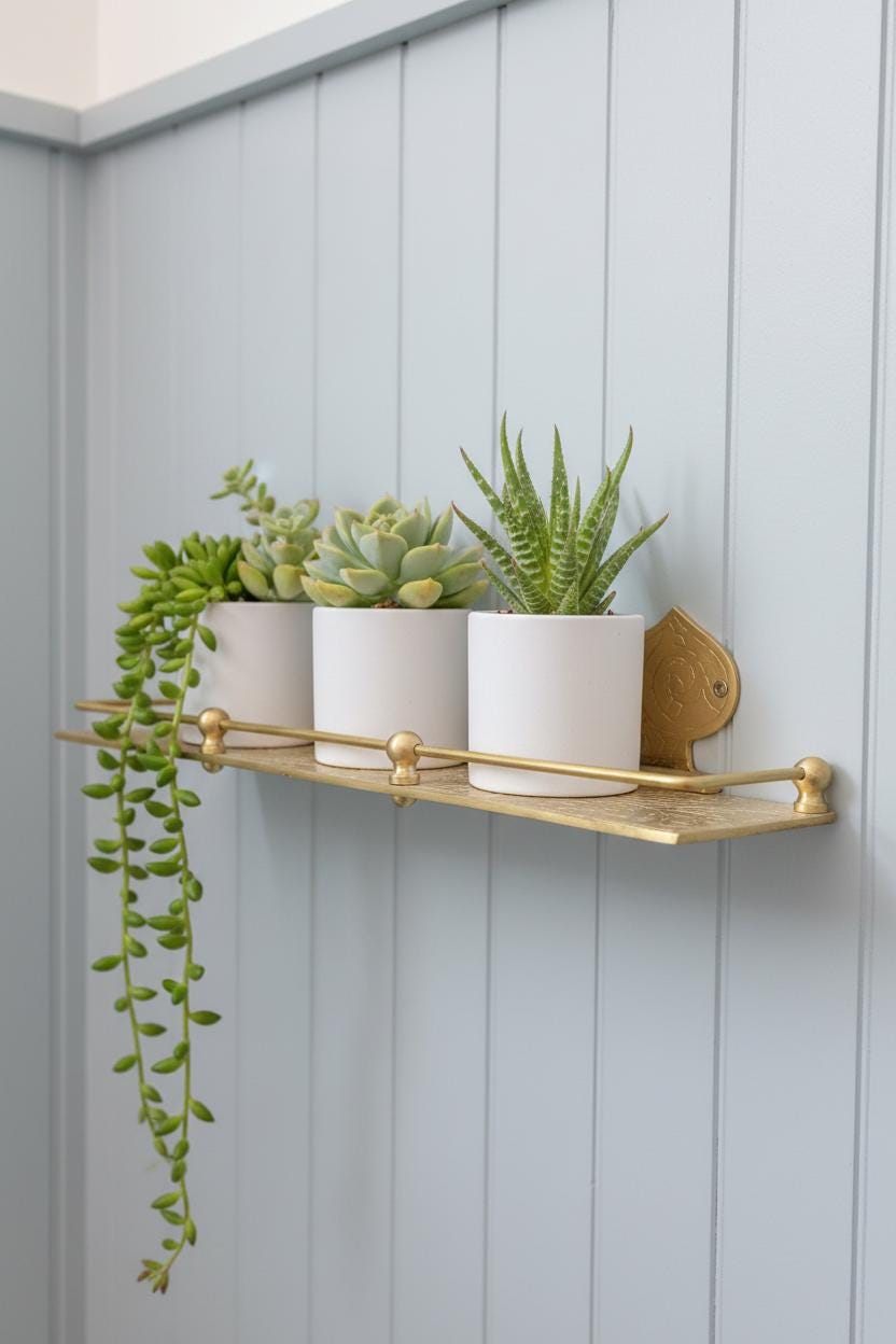 Gold shelf with three potted plants against a light blue wall