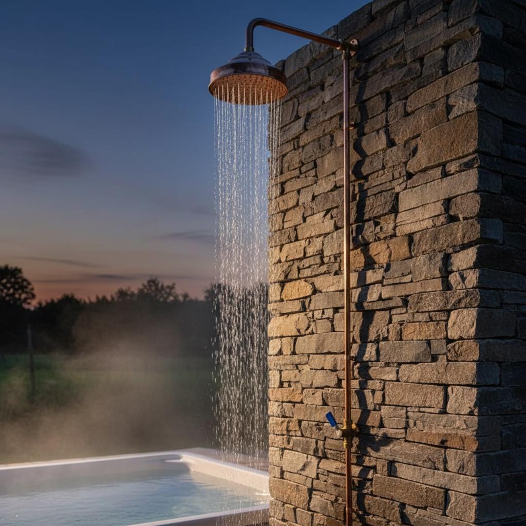Outdoor shower head on a stone wall with a pool and sunset in the background