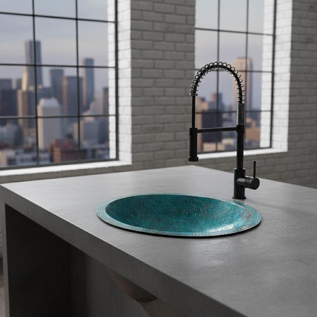 Teal brass sink with black faucet in a modern kitchen setting with cityscape view