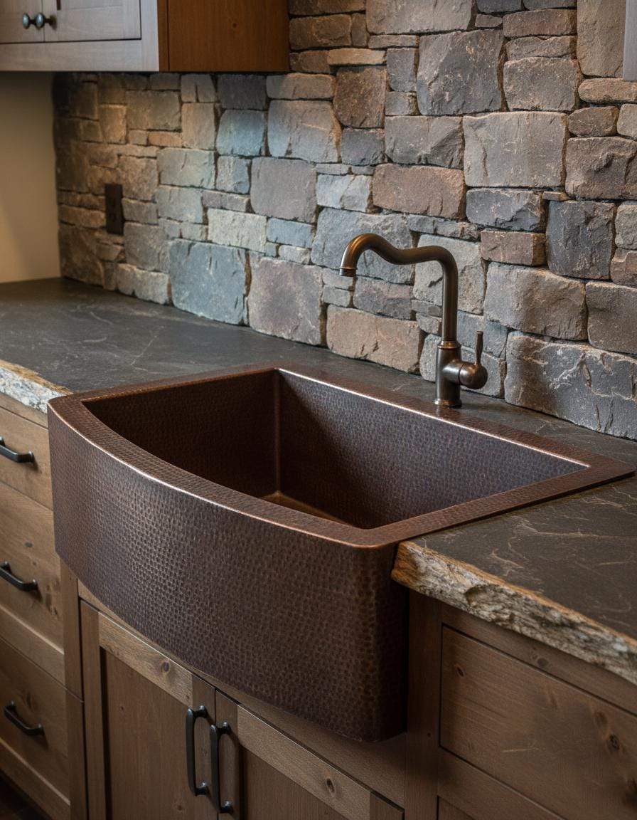 Copper farmhouse sink in a kitchen with stone wall and countertop