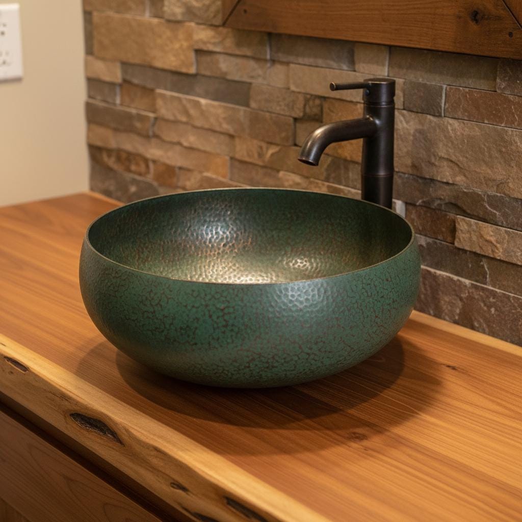 Green hammered sink on a wooden countertop with a stone wall background
