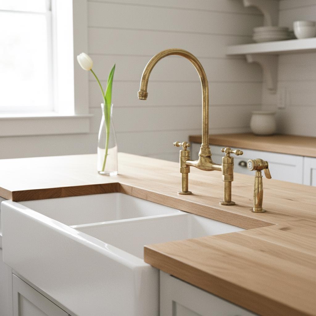 Kitchen sink with gold faucet and wooden countertop
