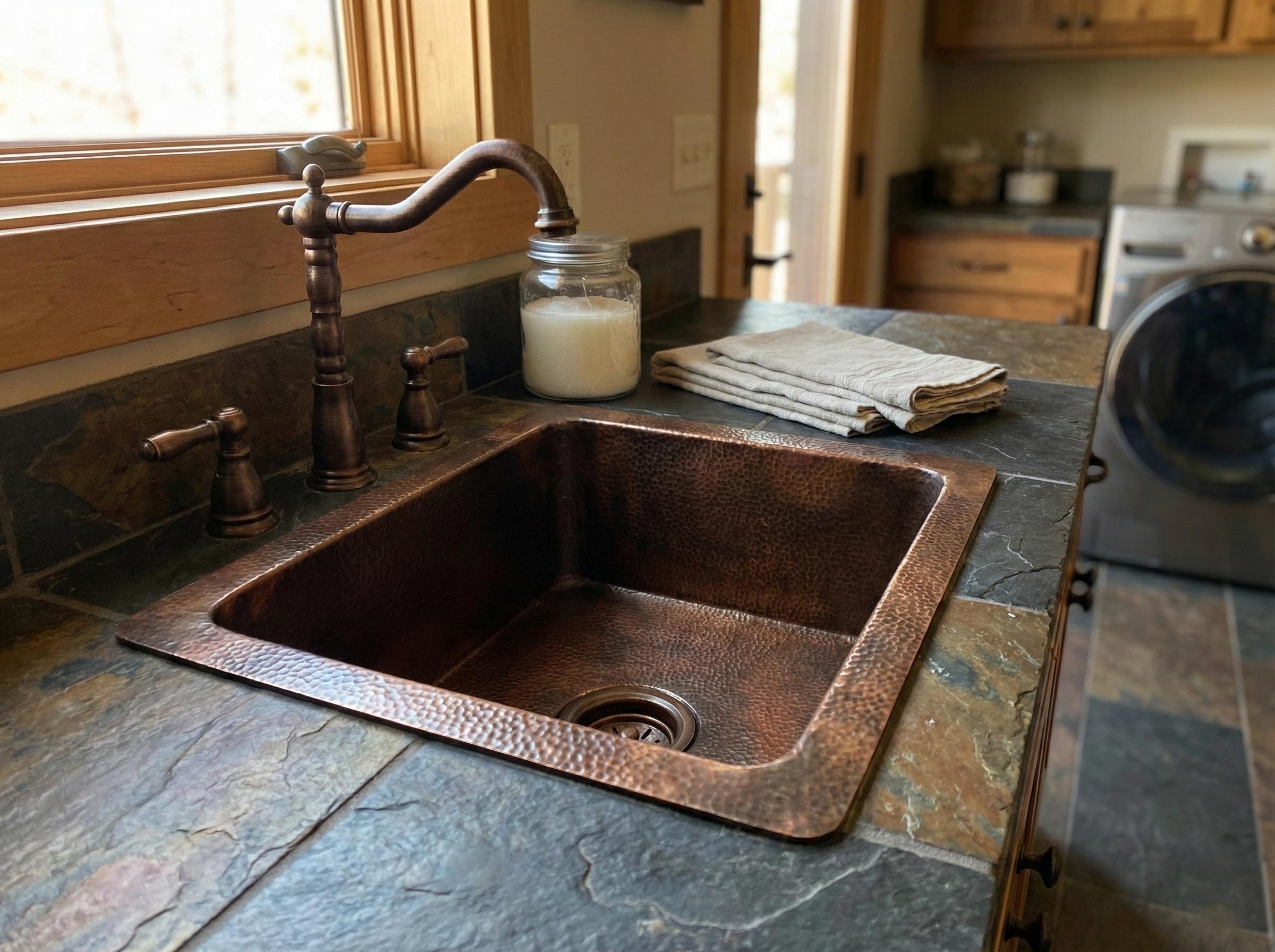 Copper kitchen sink with a glass of milk on a stone countertop