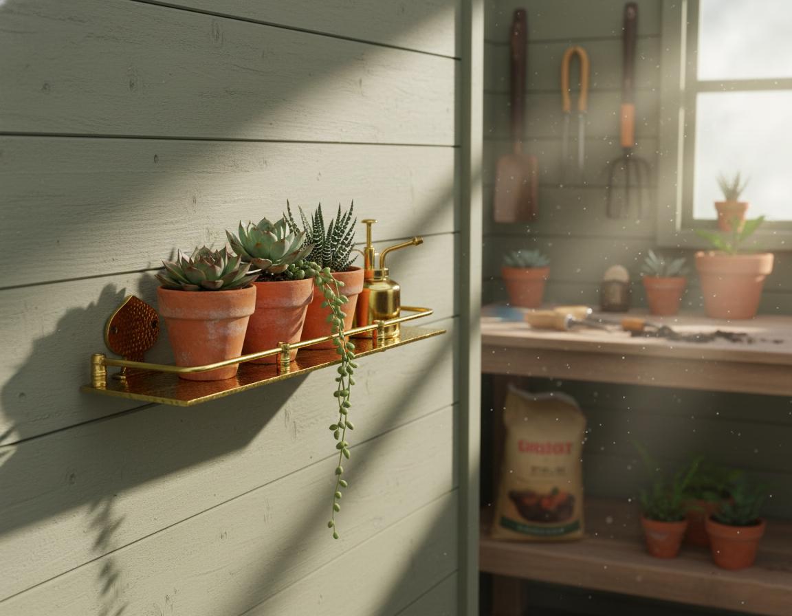 Garden shed interior with plants, tools, and a shelf.
