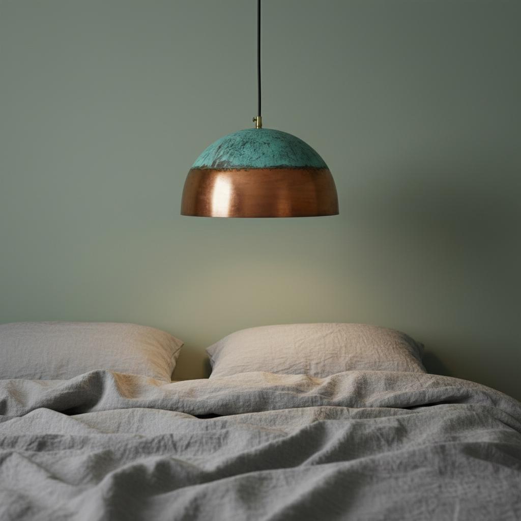 Turquoise and copper pendant light hanging above a bed with gray bedding.