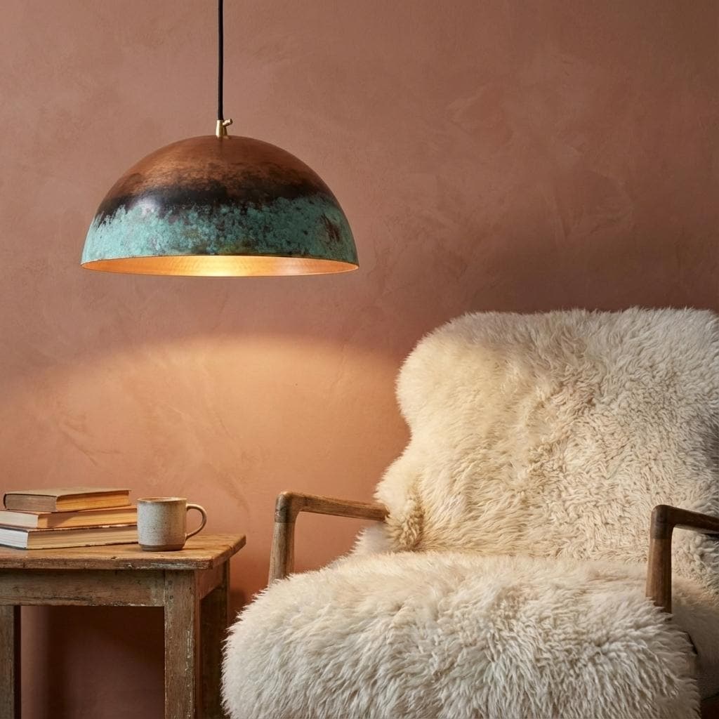 Cozy room with a textured wall, hanging lamp, fluffy chair, and wooden table.