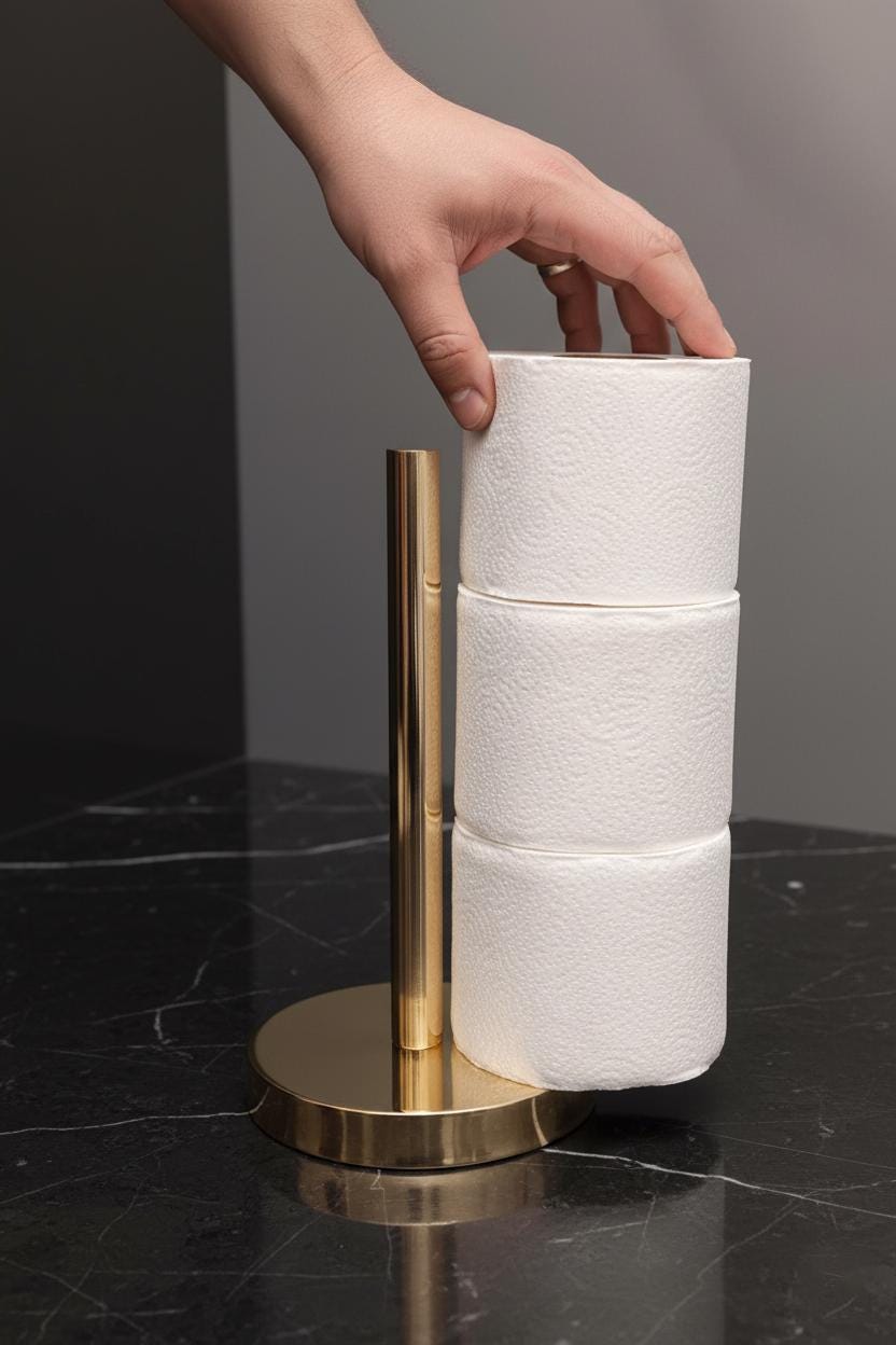 Hand holding a roll of toilet paper on a gold stand against a dark marble background