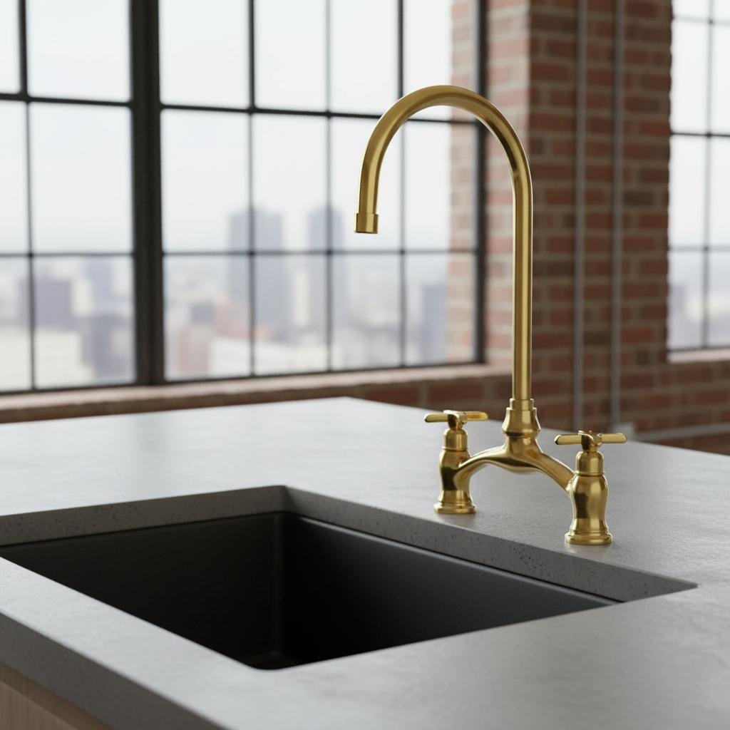 Gold kitchen faucet over a black sink with a cityscape view through large windows.