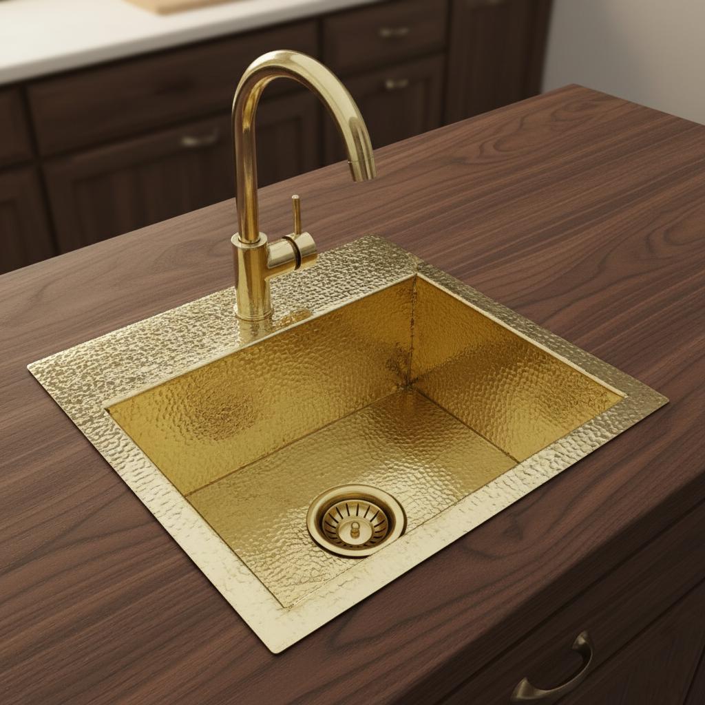 Gold kitchen sink with faucet on a wooden countertop
