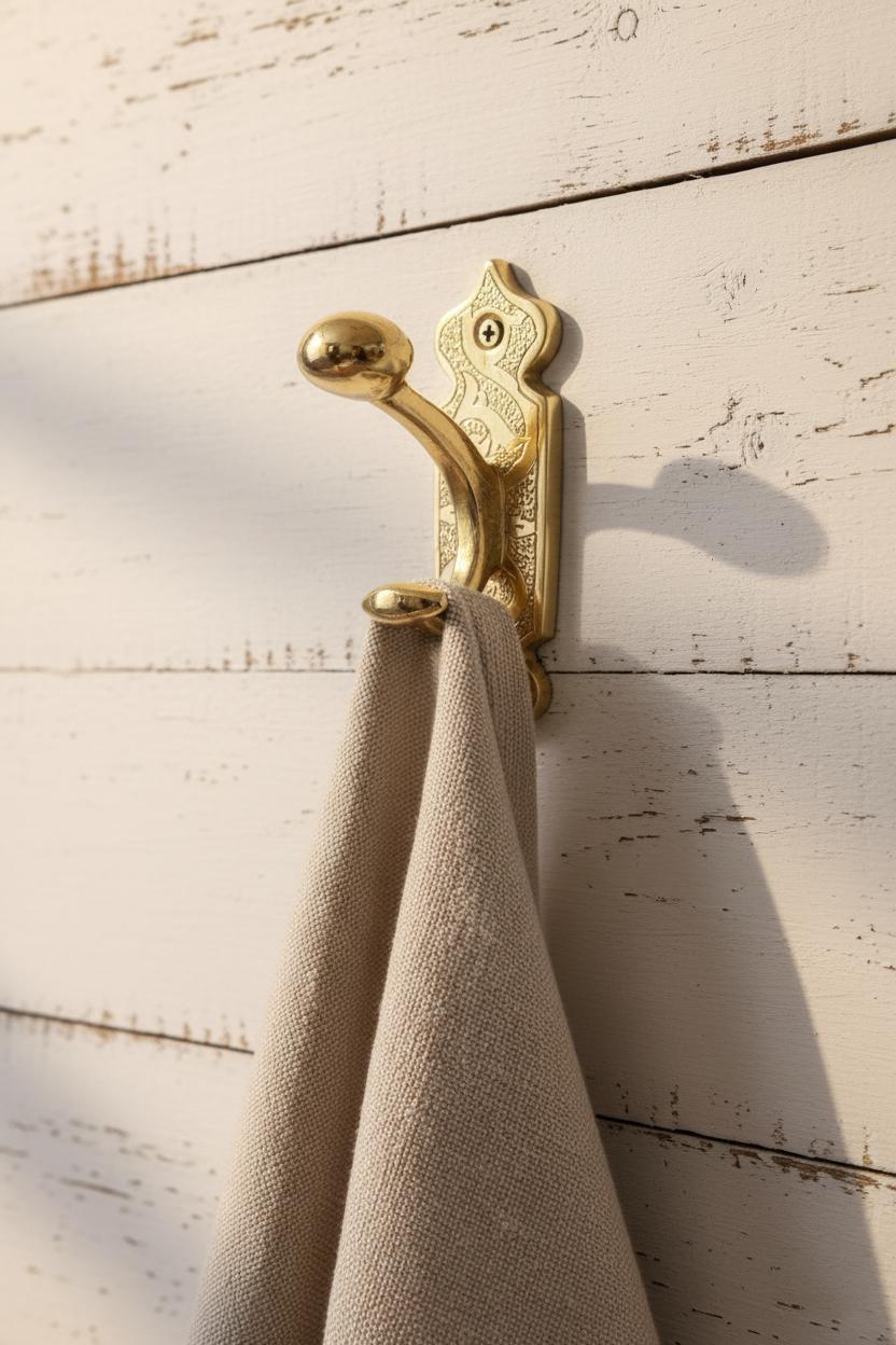 Gold decorative wall hook with a beige towel on a wooden surface