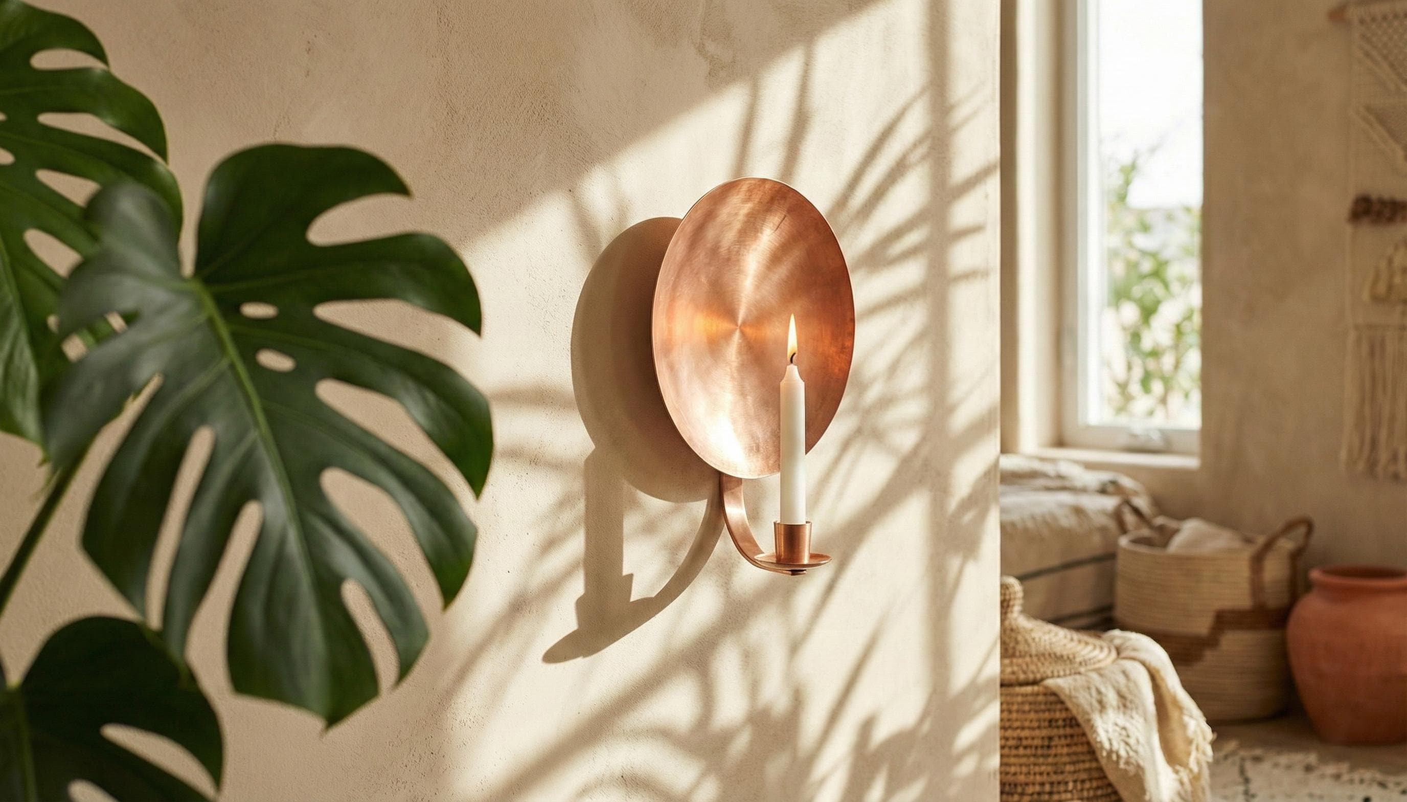 Copper wall sconce with candle in a sunlit room with plants and decor.