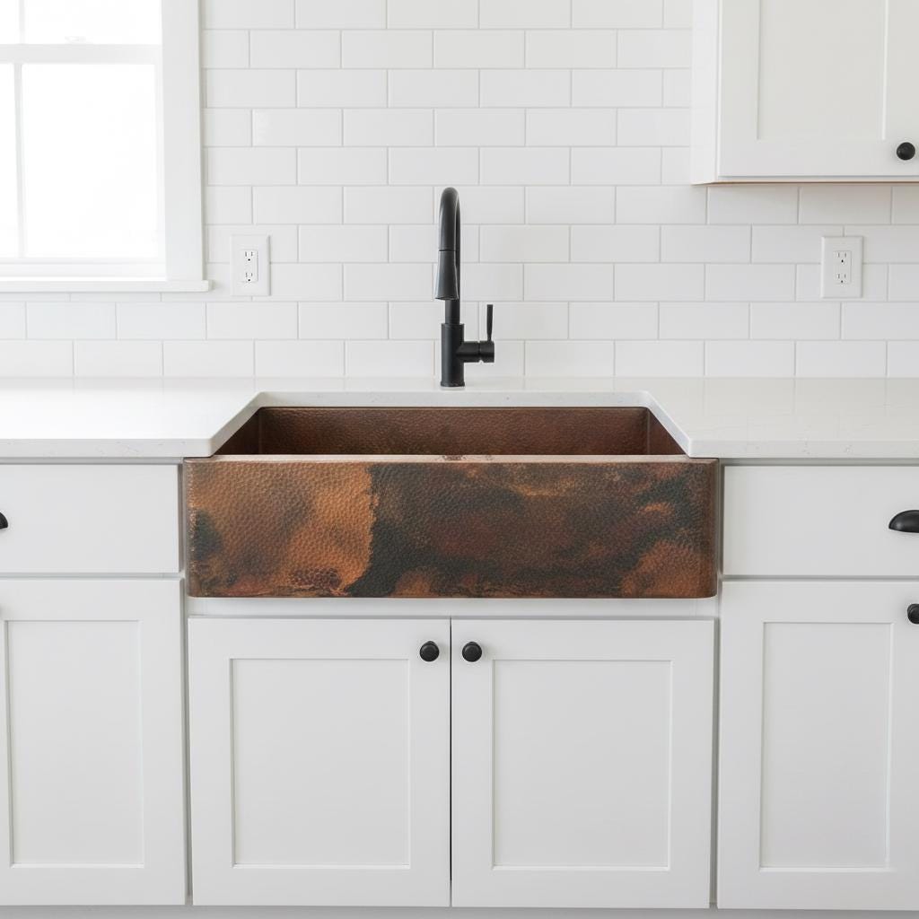 Copper farmhouse sink in a kitchen with white cabinets and black fixtures.