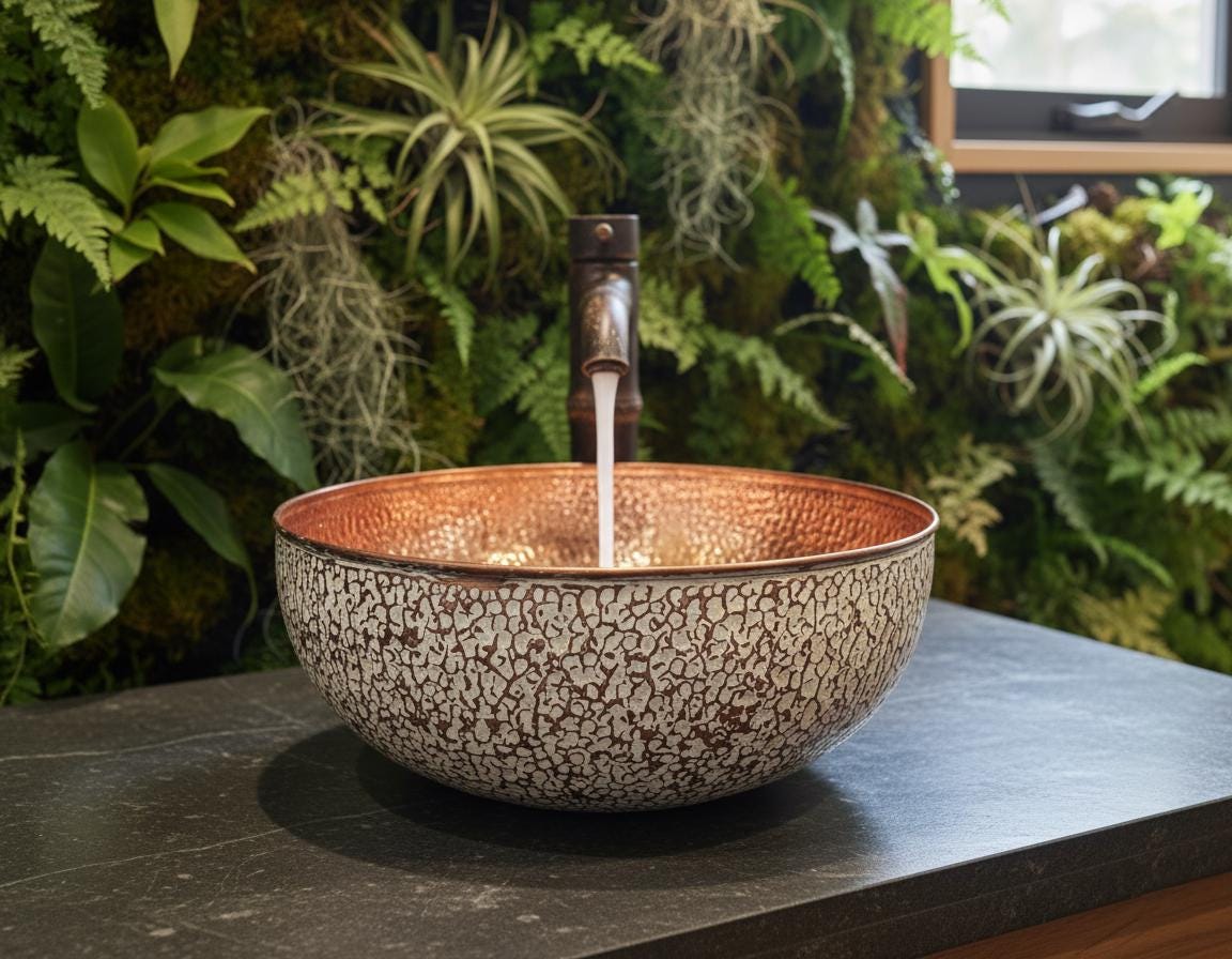 Copper sink with water flowing into it, surrounded by green plants