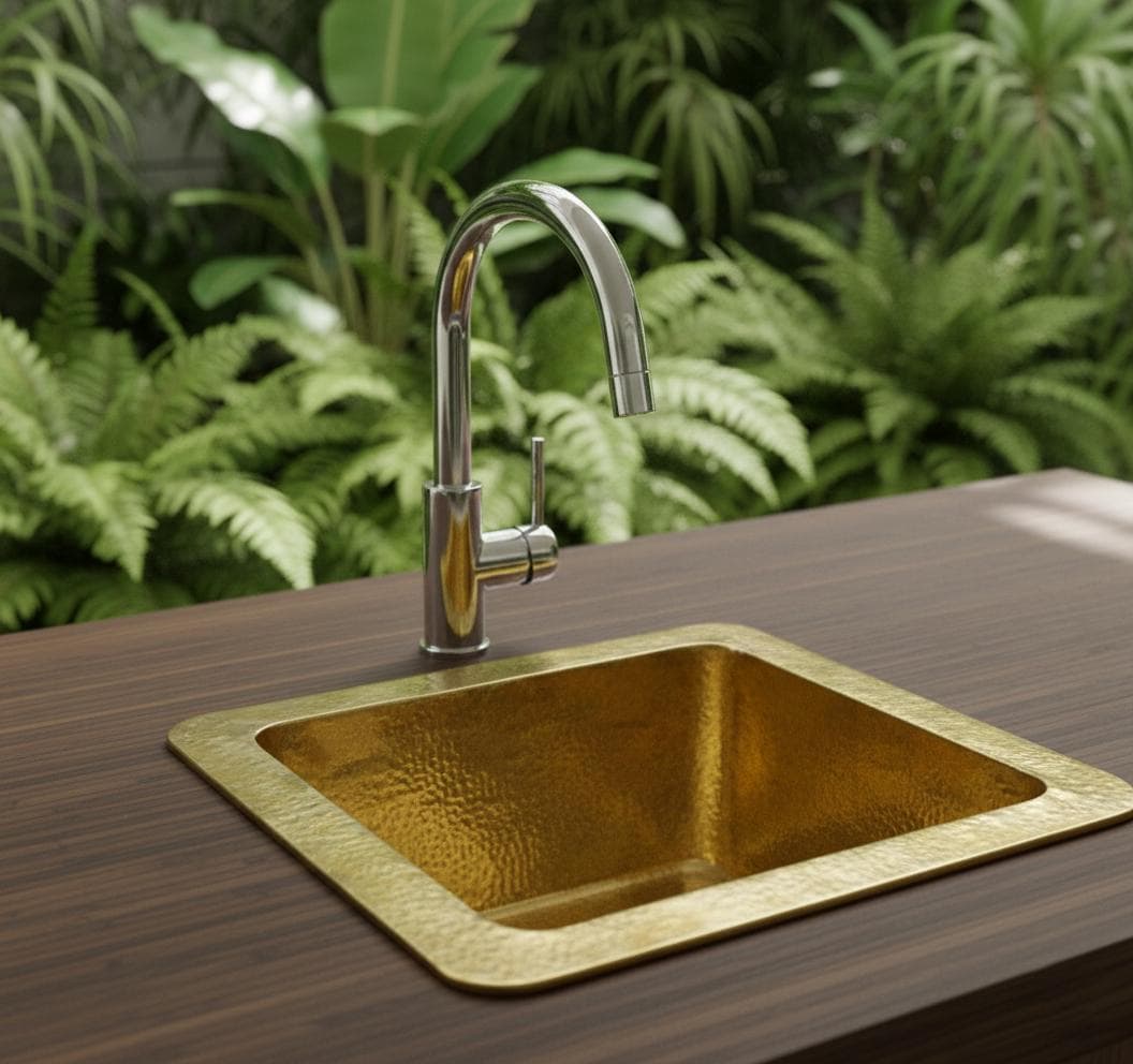 Gold sink with silver faucet on a wooden surface with green plants in the background