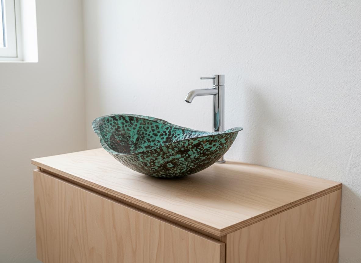 Glass sink with metallic faucet on a wooden cabinet in a bathroom setting