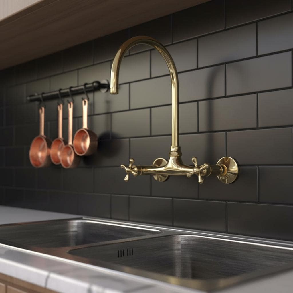 Modern kitchen with gold faucet and copper pots on a black tiled wall.