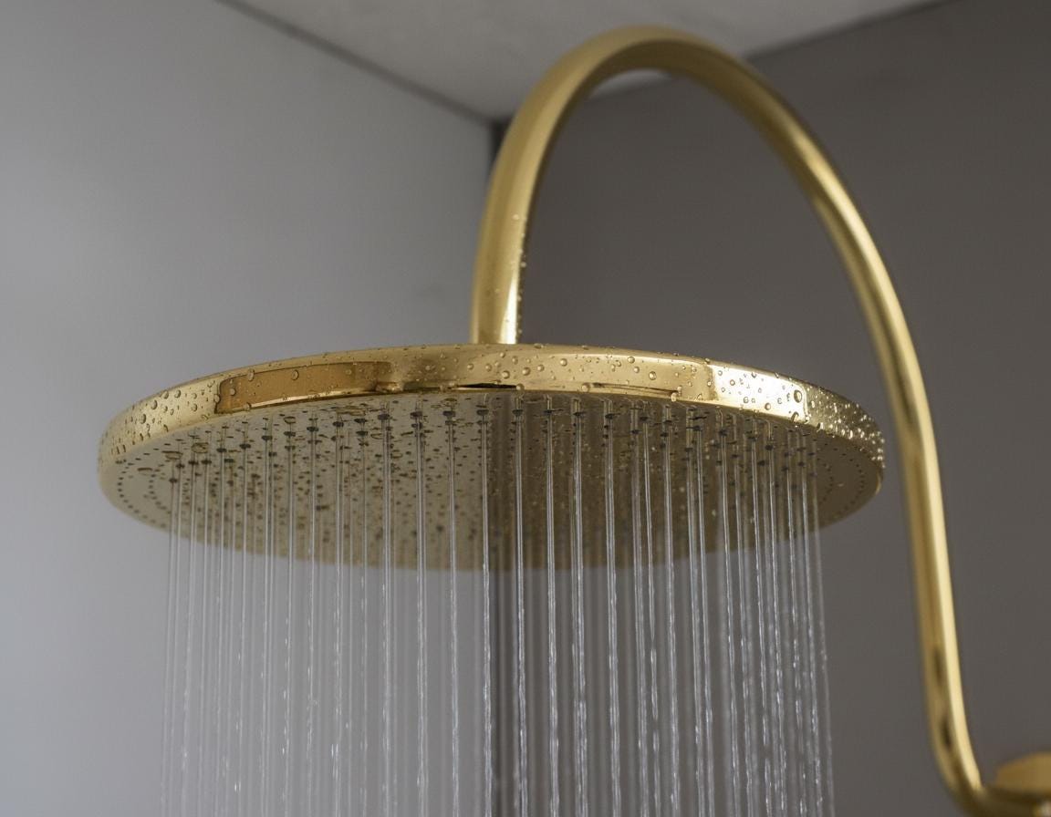 Gold shower head with water droplets against a neutral background