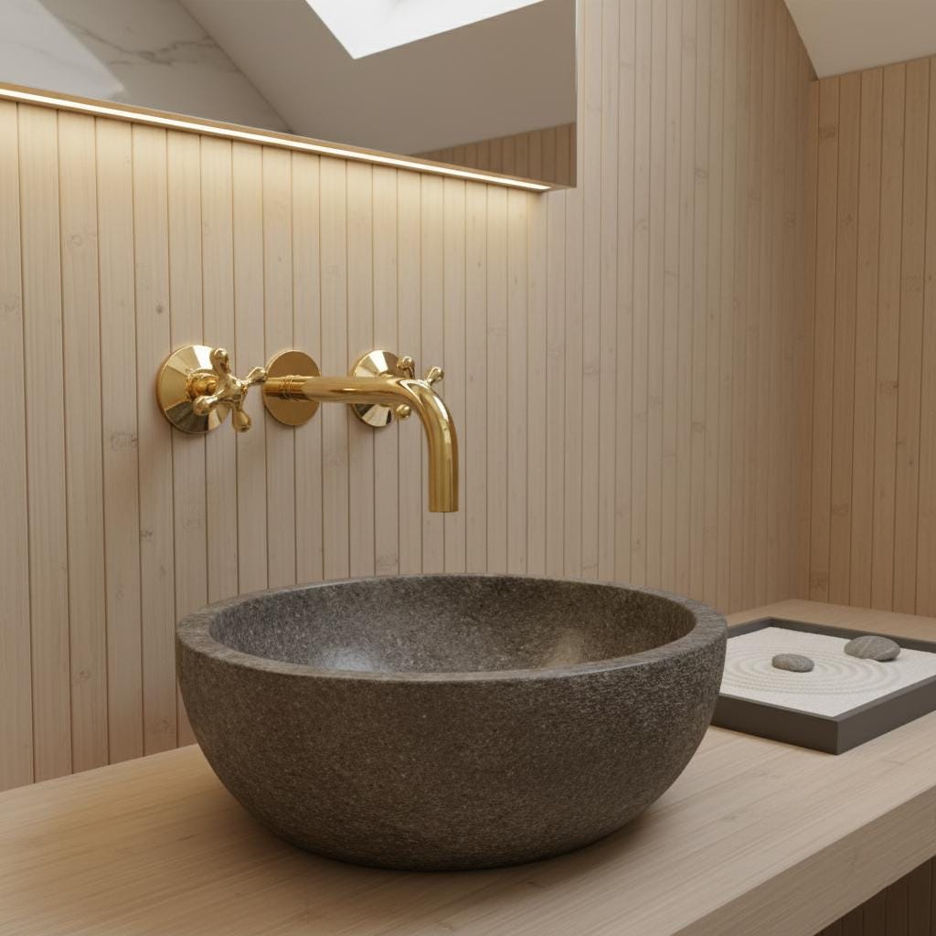 Bathroom sink with gold faucet against a wooden wall