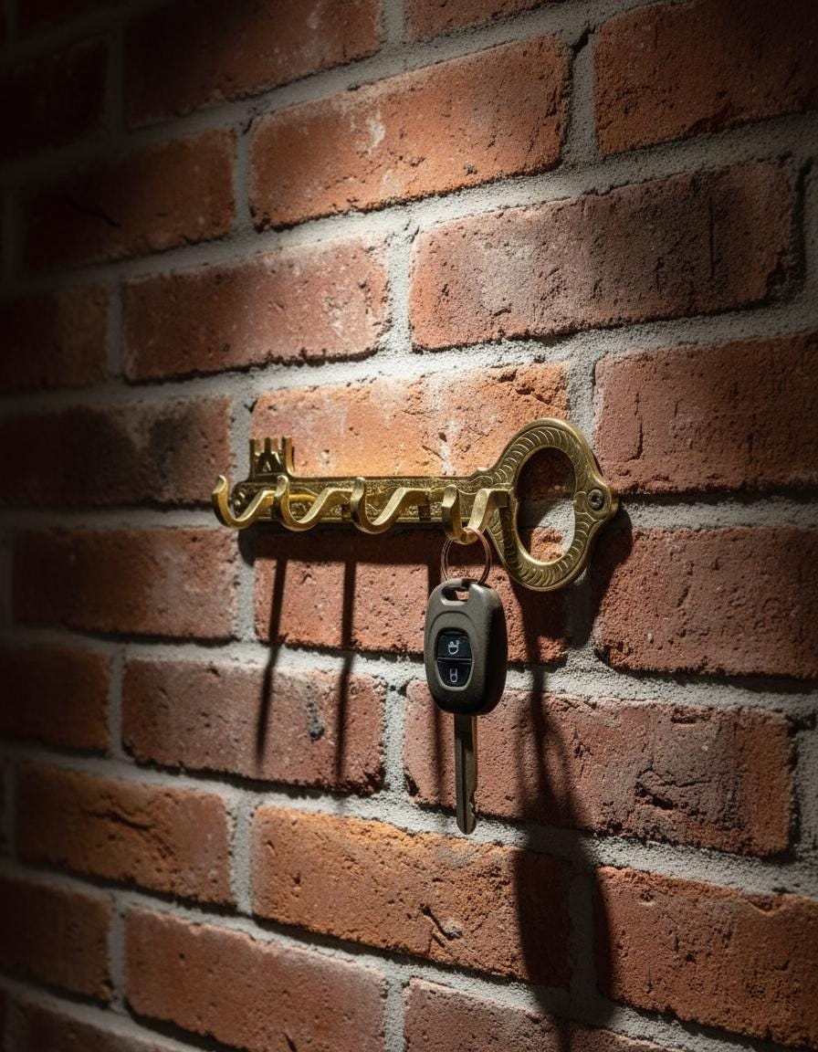 Decorative key holder with a key attached to a brick wall
