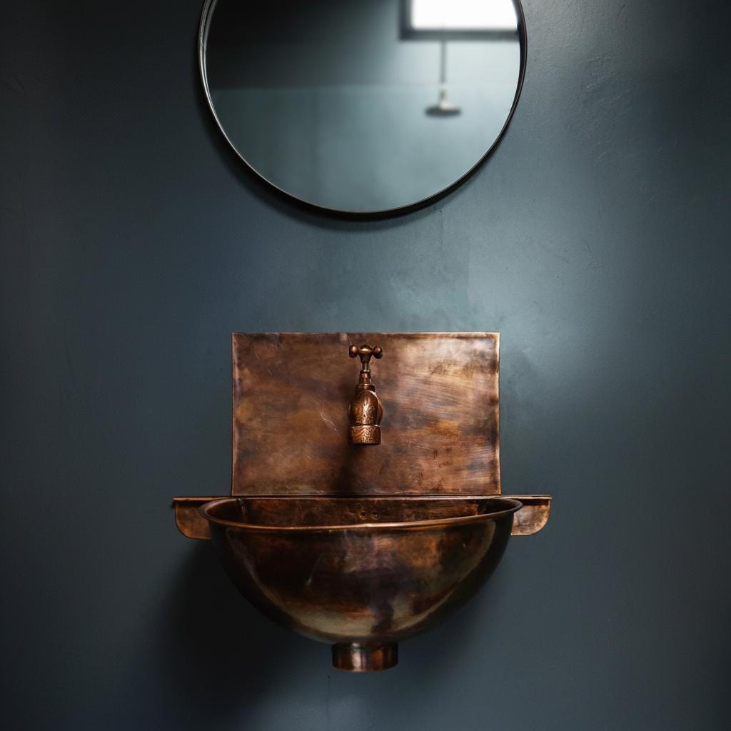 Vintage copper sink mounted on a dark blue wall with a round mirror above.
