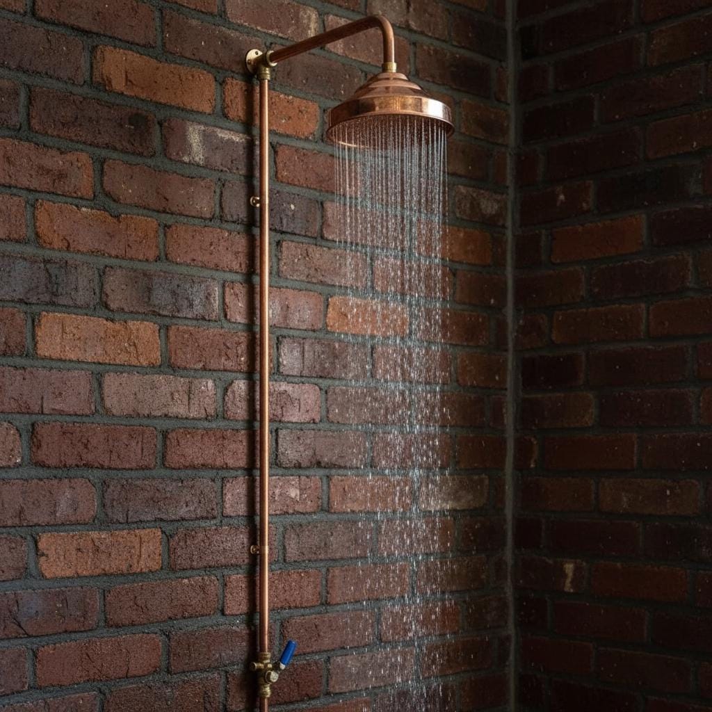Copper shower head and hose against a brick wall
