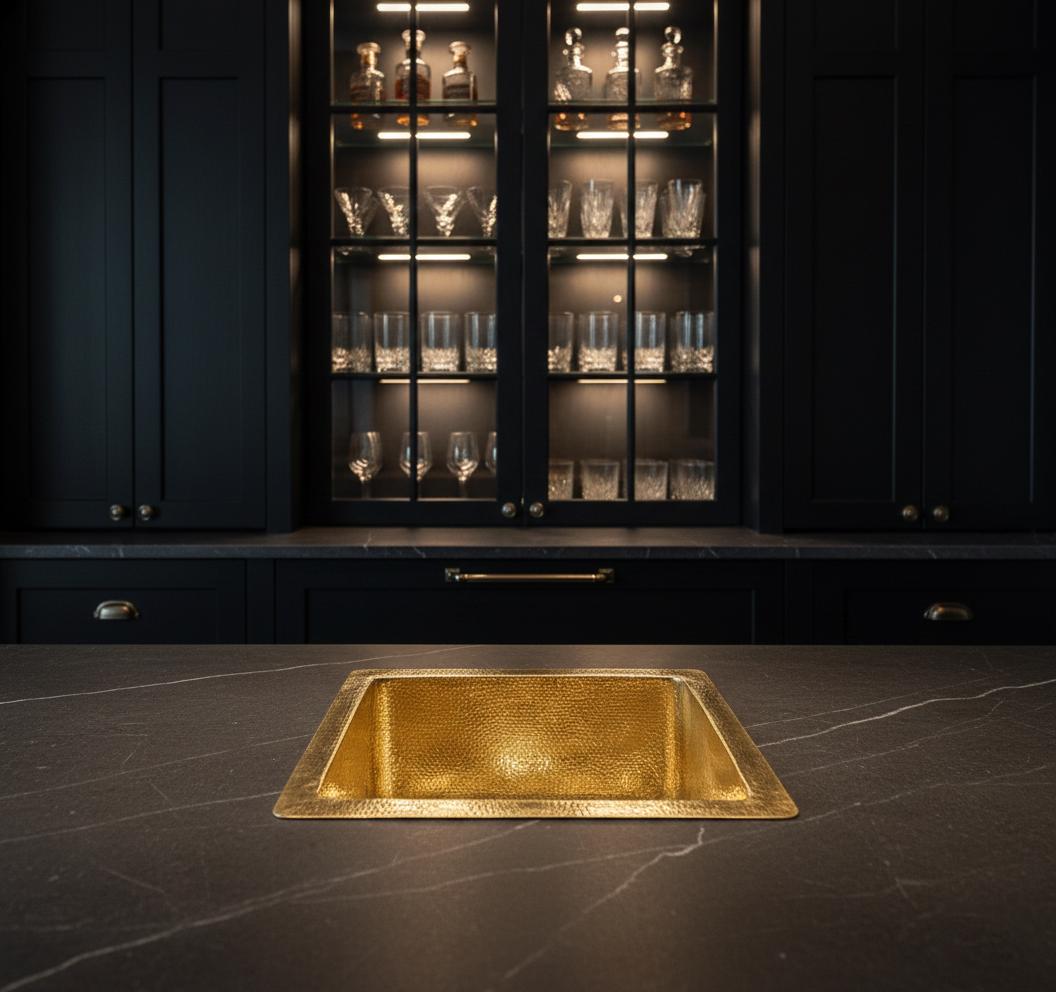Gold sink on a dark marble countertop with black cabinets in the background