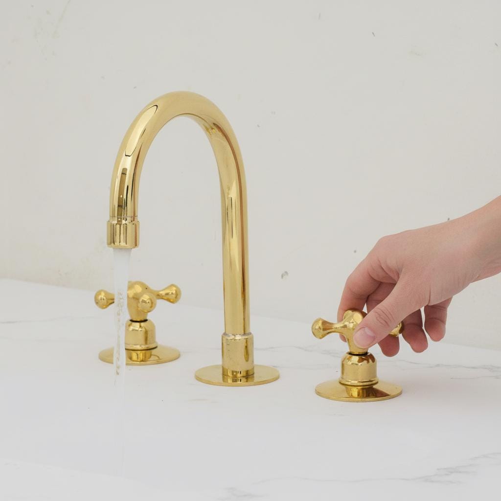 Gold faucet set with a hand turning one of the handles on a white background