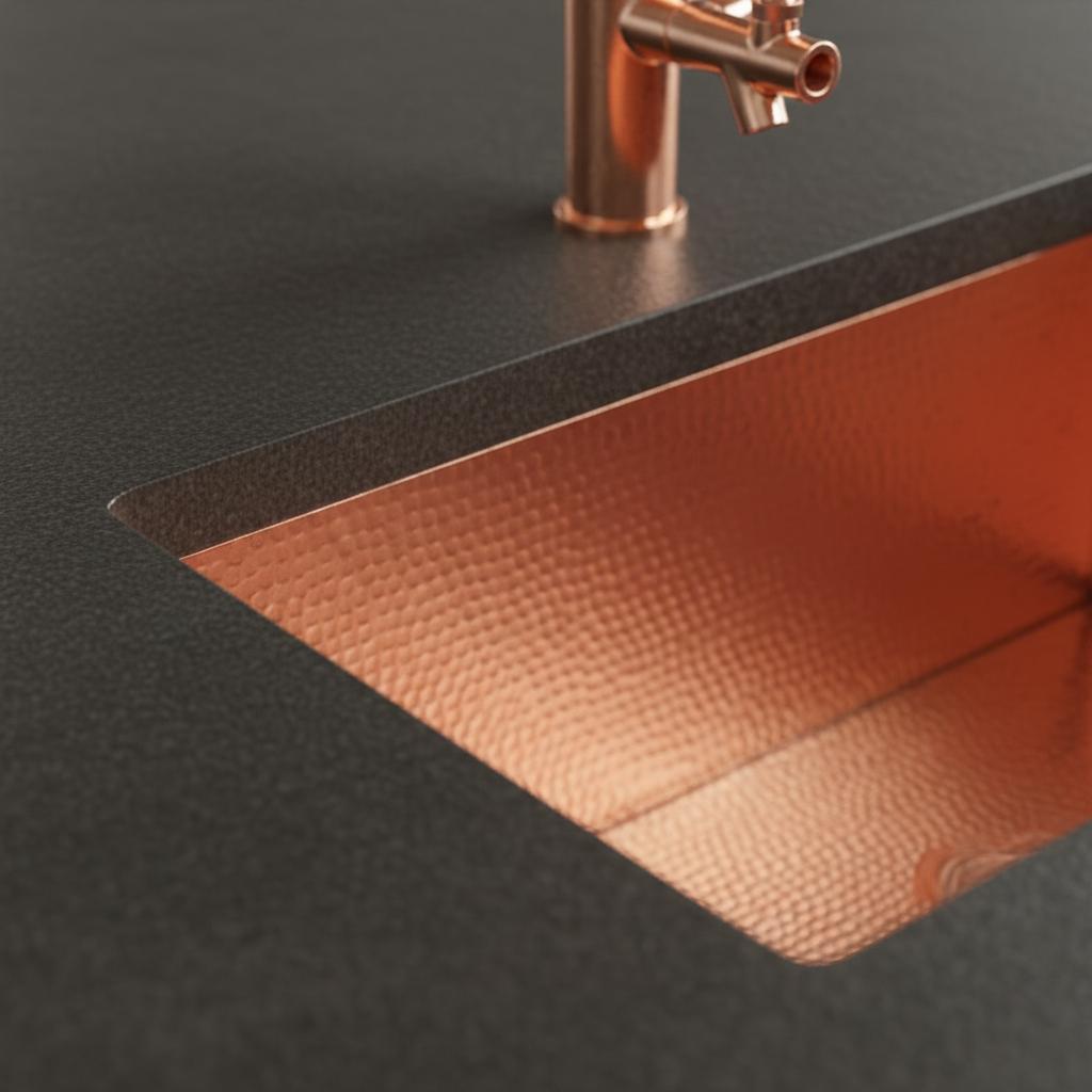 Copper kitchen sink with faucet on a dark countertop